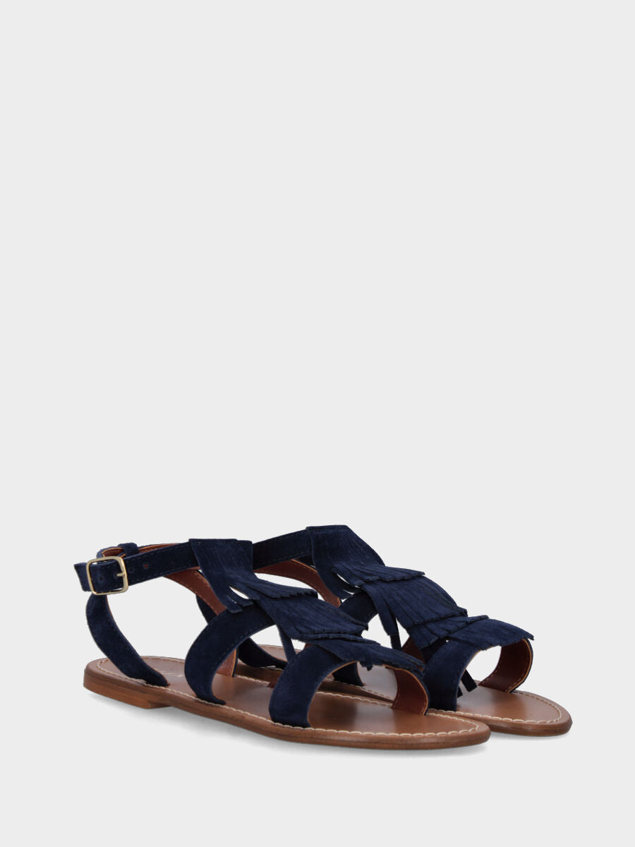 Sandalo blu in pelle con frange