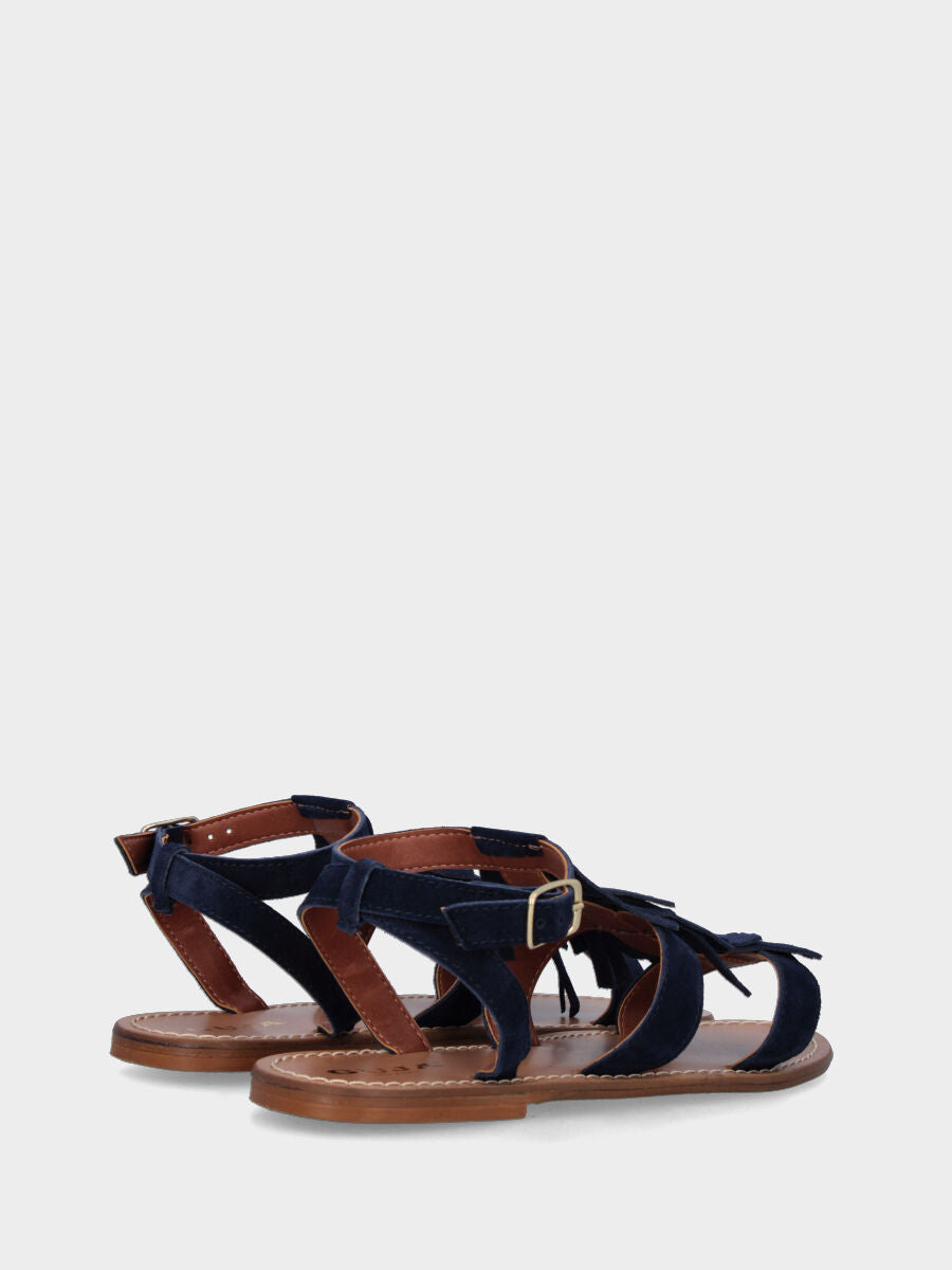 Sandalo blu in pelle con frange