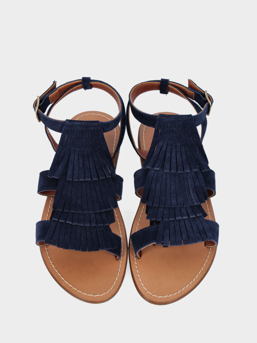 Sandalo blu in pelle con frange