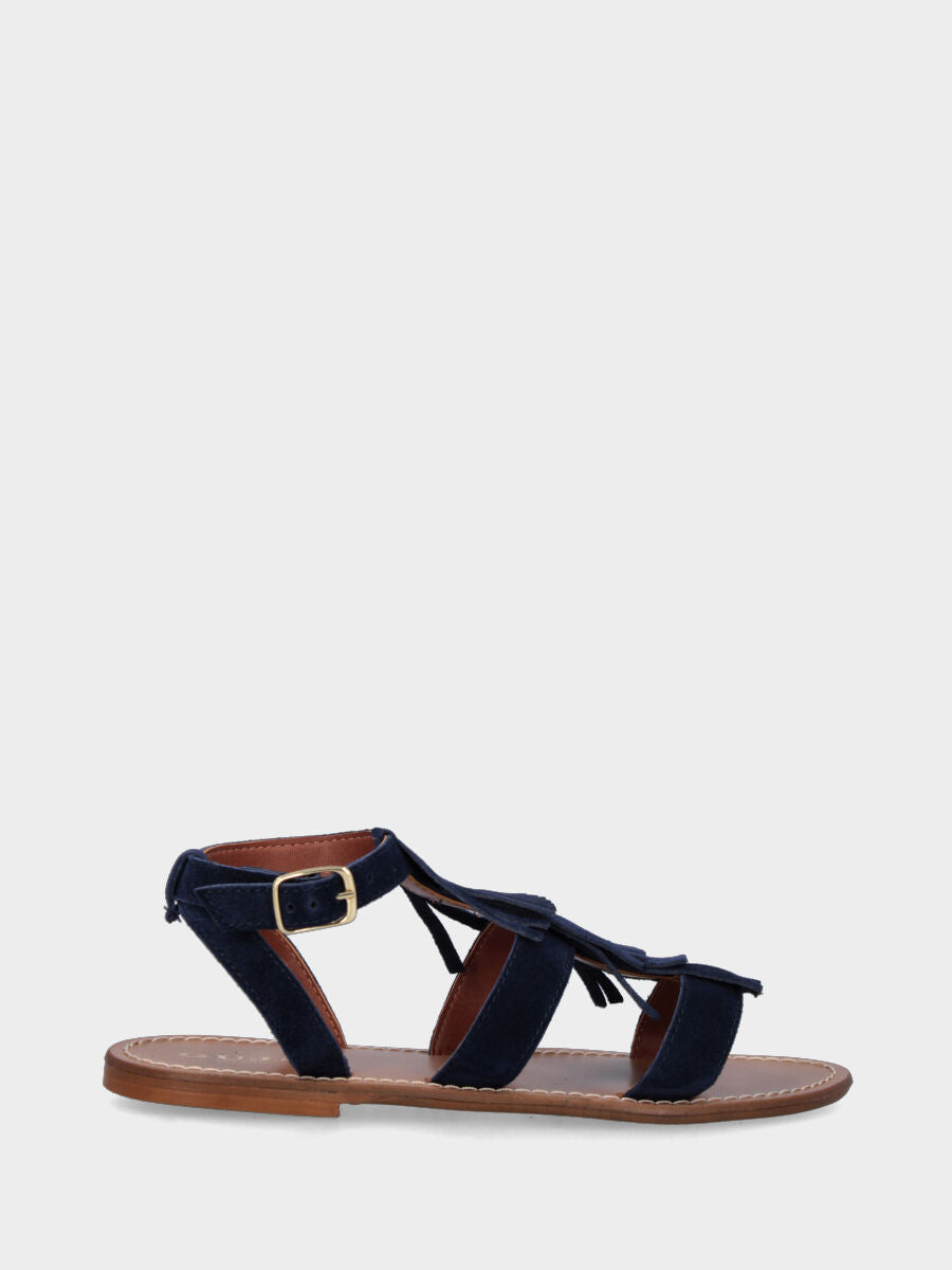Sandalo blu in pelle con frange