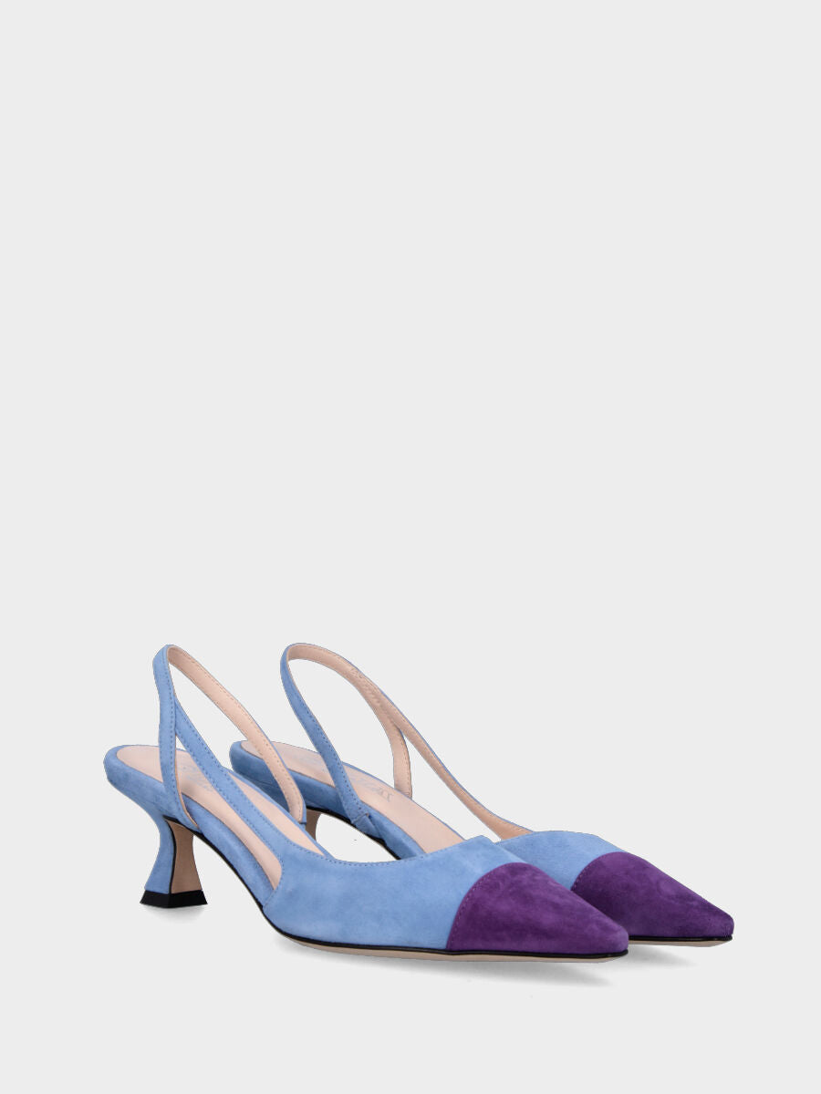 Slingback azzurra en cuir avec pointe violette