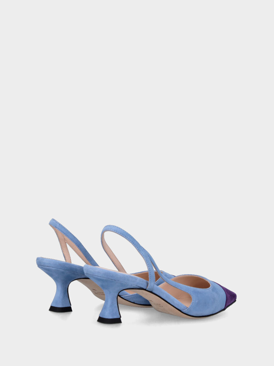 Slingback azzurra en cuir avec pointe violette