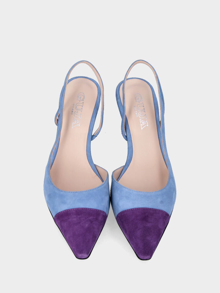 Slingback azzurra en cuir avec pointe violette