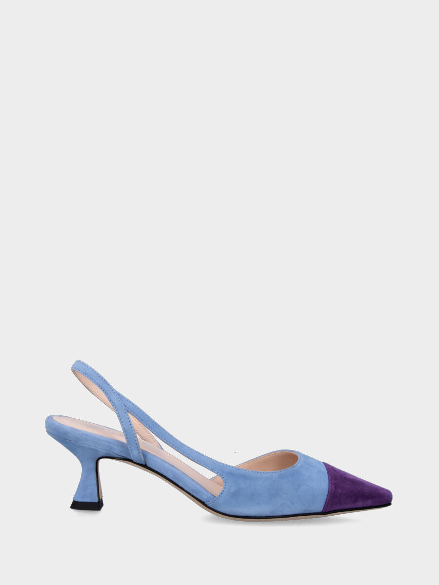 Slingback azzurra en cuir avec pointe violette