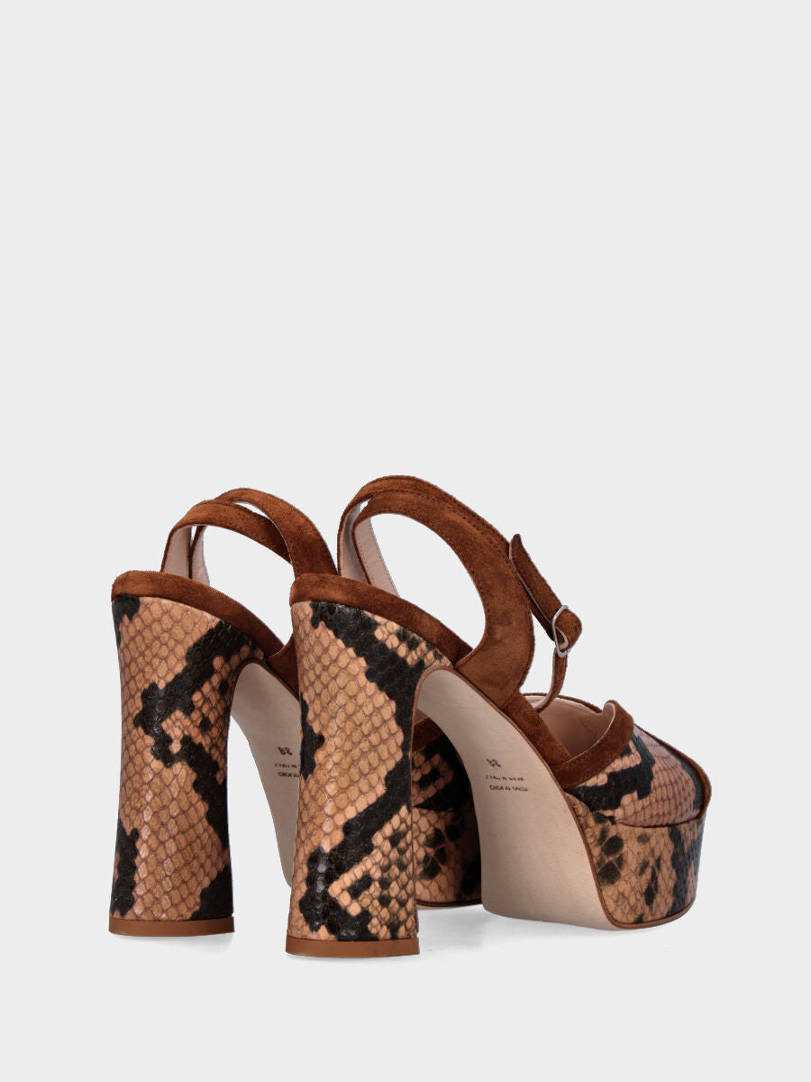 Sandalo marrone in stampa pitone con maxi plateau