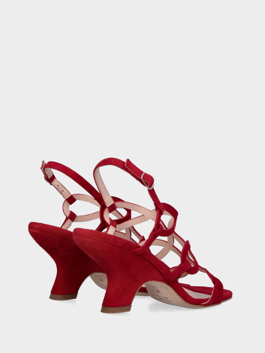 Roter Ledersandale mit wellenförmigen Riemchen und hohlem Keilabsatz