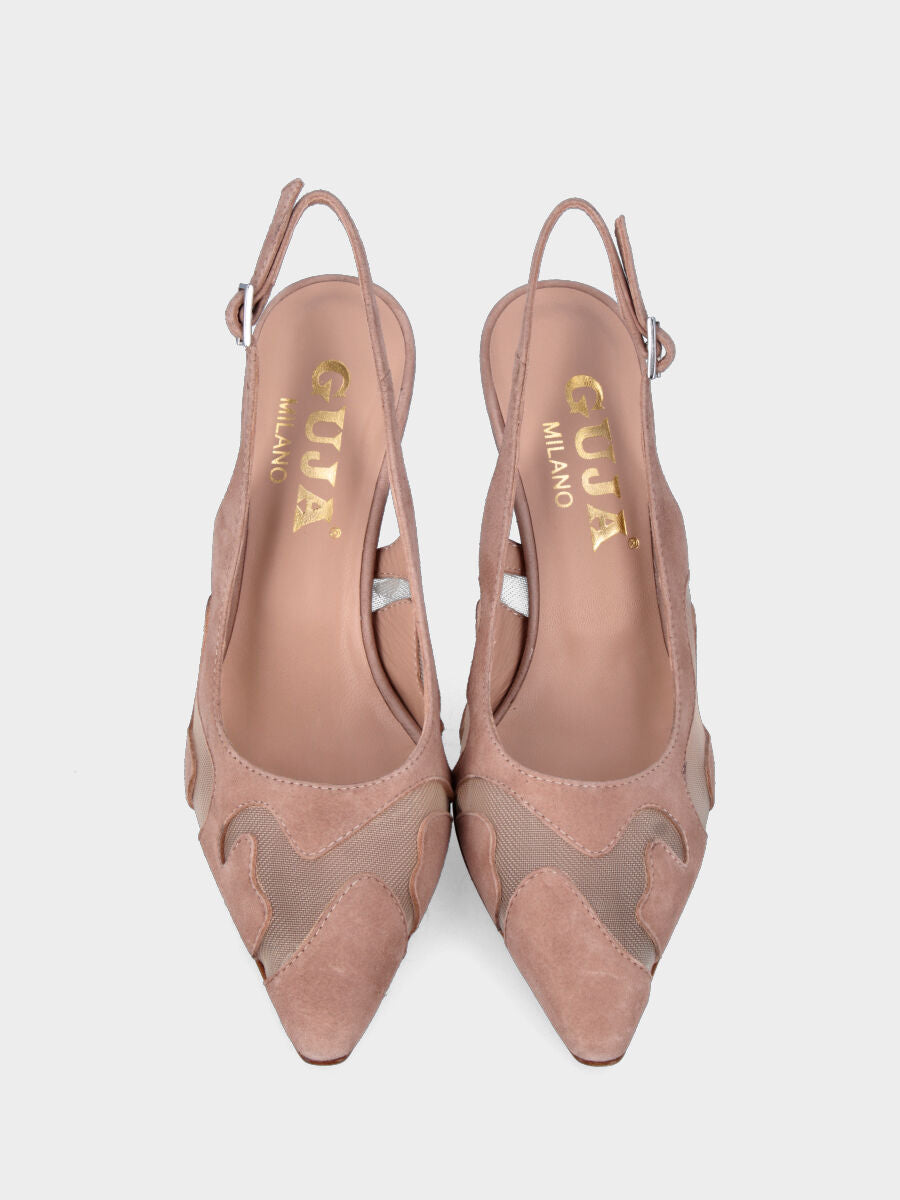 Slingback nude in pelle e rete a trama ondulata