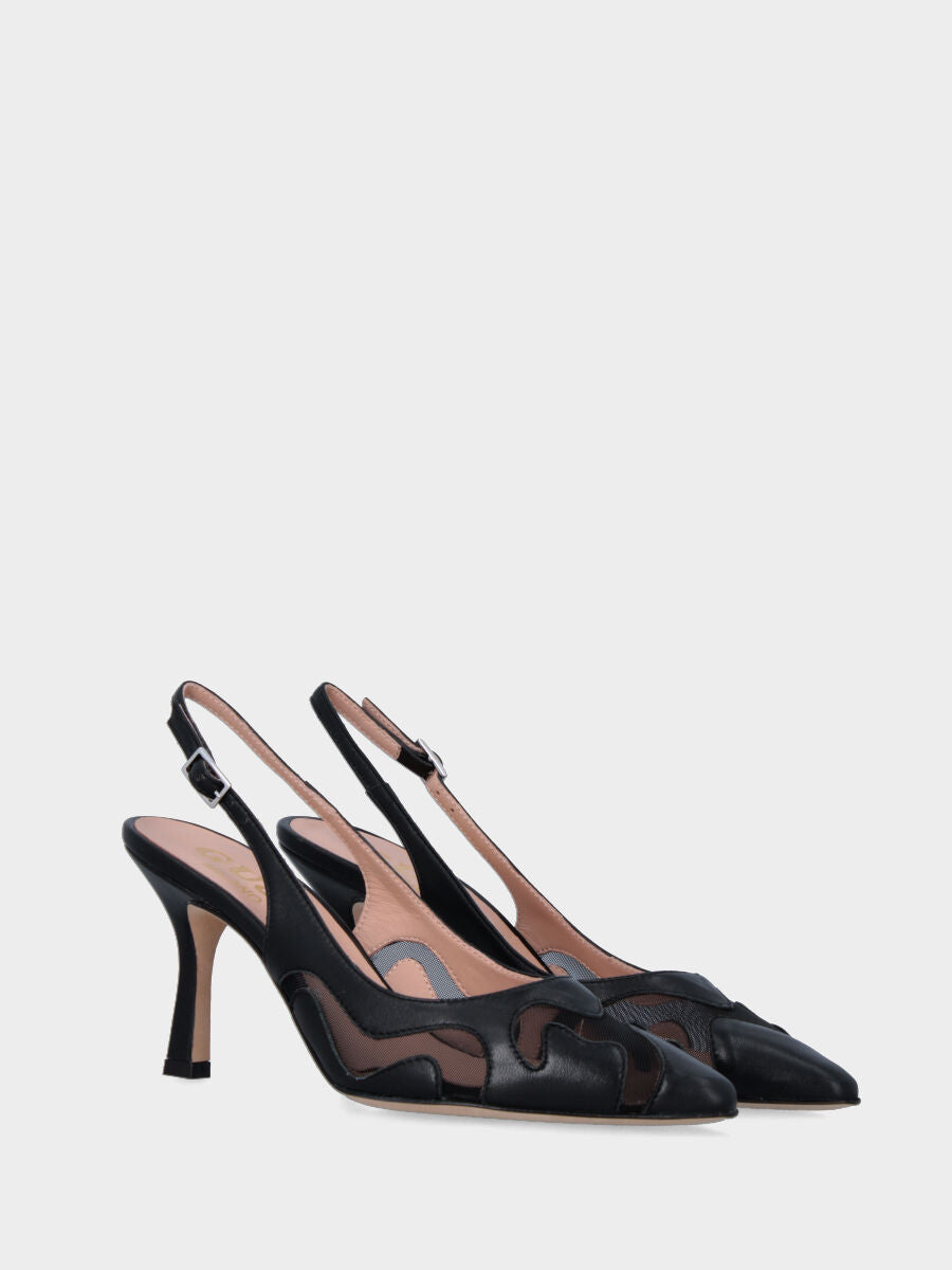 Slingback nera in pelle e rete a trama ondulata