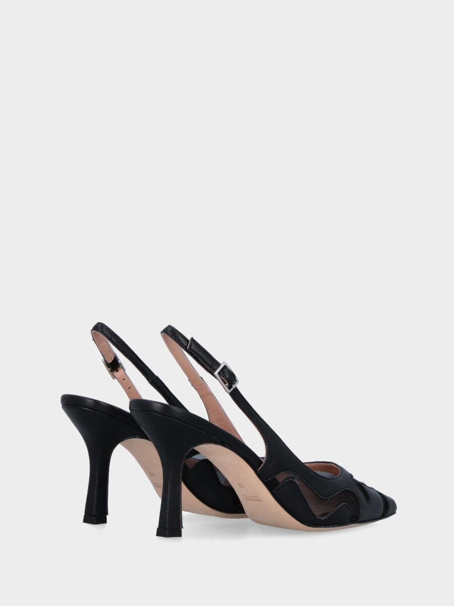 Slingback nera in pelle e rete a trama ondulata