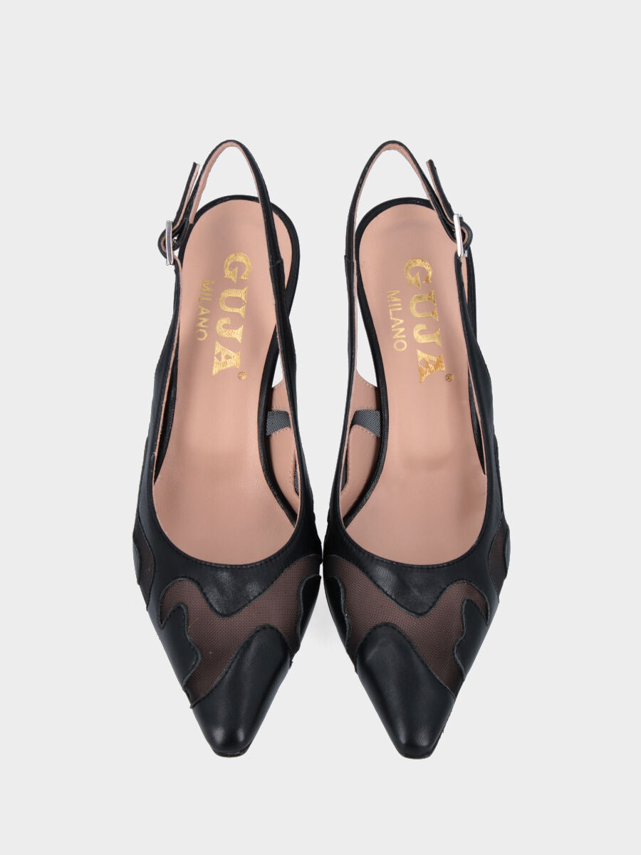 Slingback nera in pelle e rete a trama ondulata