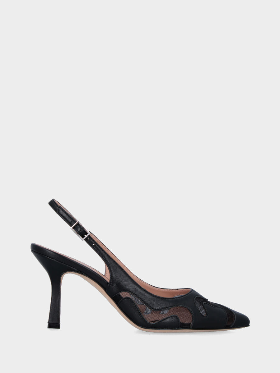 Slingback nera in pelle e rete a trama ondulata