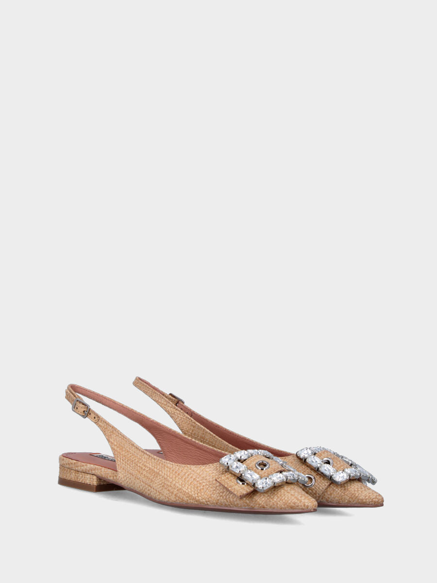 Slingback beige en raphia avec boucle bijou et bride