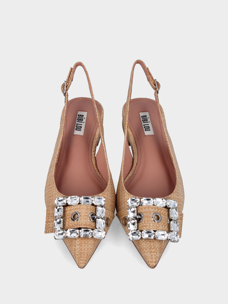 Slingback beige en raphia avec boucle bijou et bride
