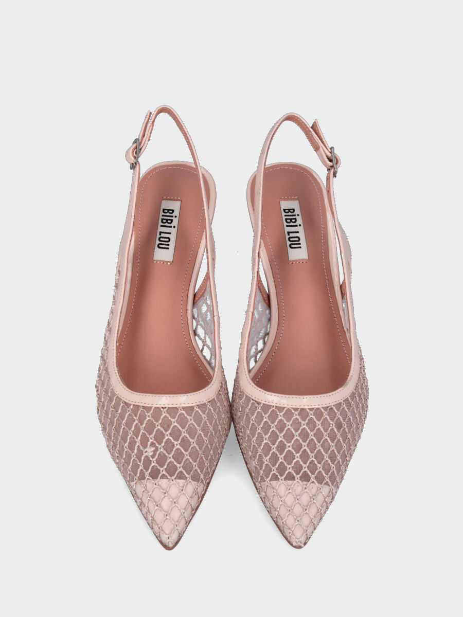 Escarpin slingback nude en vernis avec tige en résille