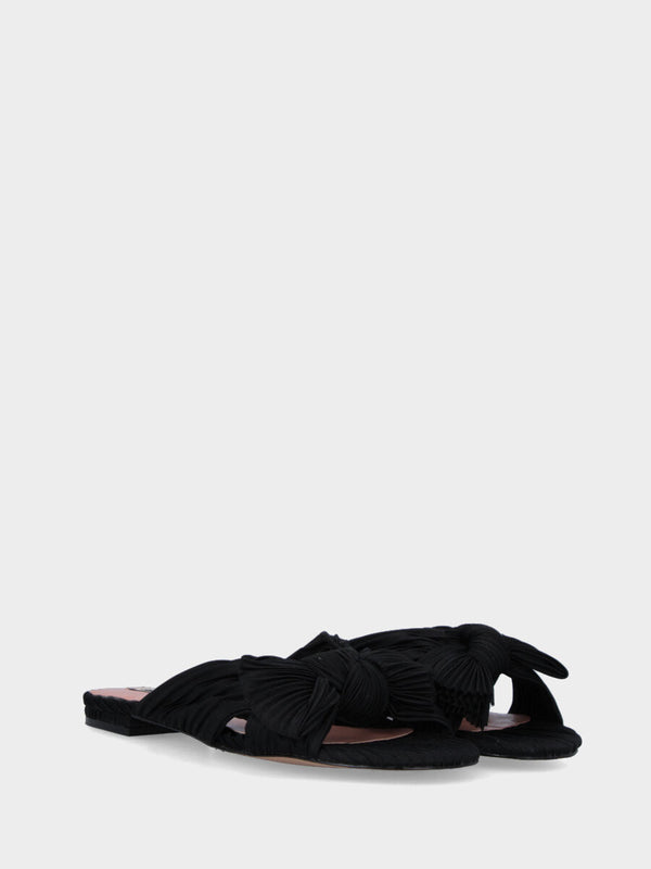 Ciabattina nera in tessuto con fascia plissettata con nodo