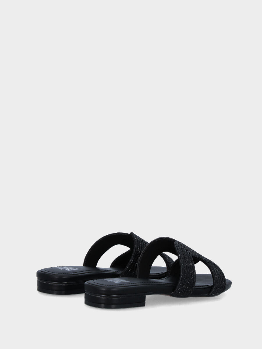 Black leather slipper with curved rhinestone bands