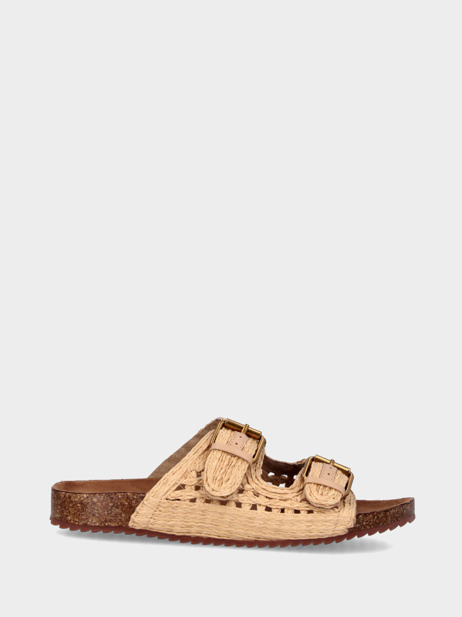 Ciabatta beige in rafia intrecciata con doppia fibbia