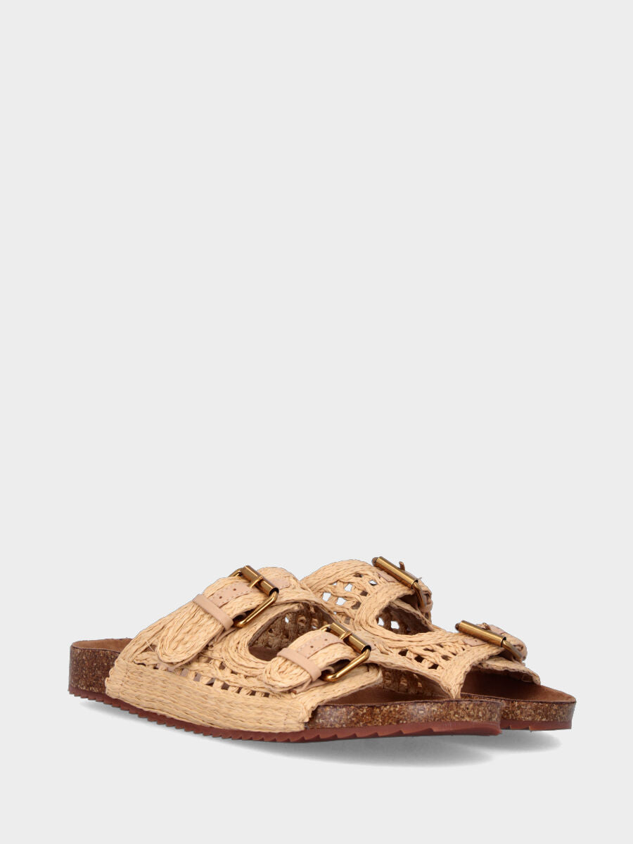 Ciabatta beige in rafia intrecciata con doppia fibbia
