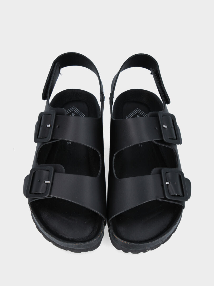 Sandalo nero in pelle con doppia fibbia e cinturino al tallone con velcro
