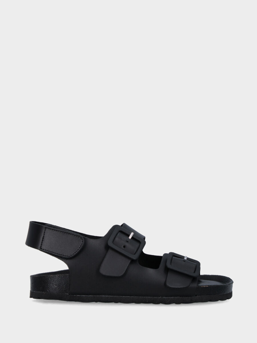 Sandalo nero in pelle con doppia fibbia e cinturino al tallone con velcro