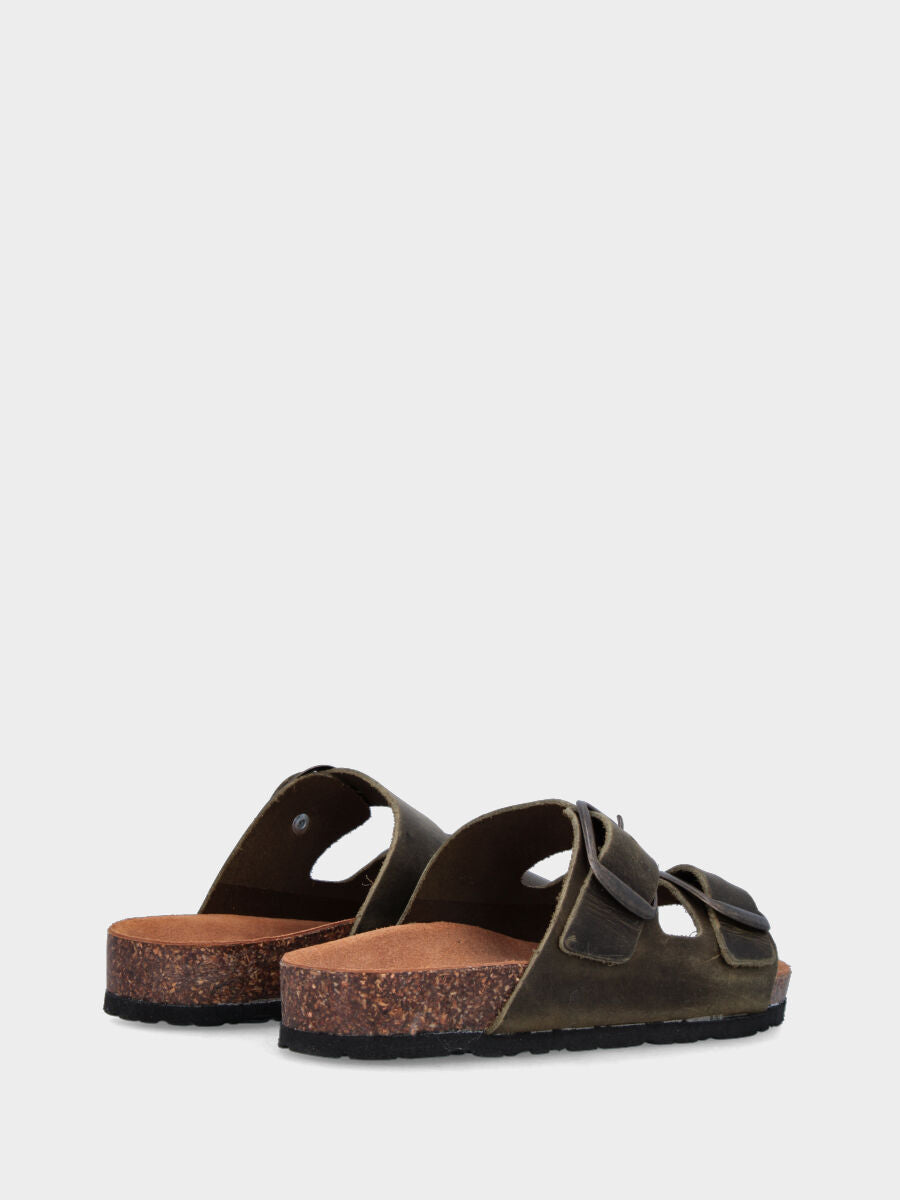 Ciabatta verte en cuir avec double boucle