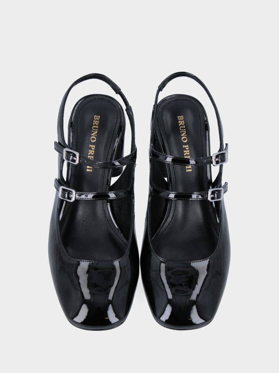 Schwarzer Slingback aus Lackleder mit quadratischer Spitze und zwei Riemen