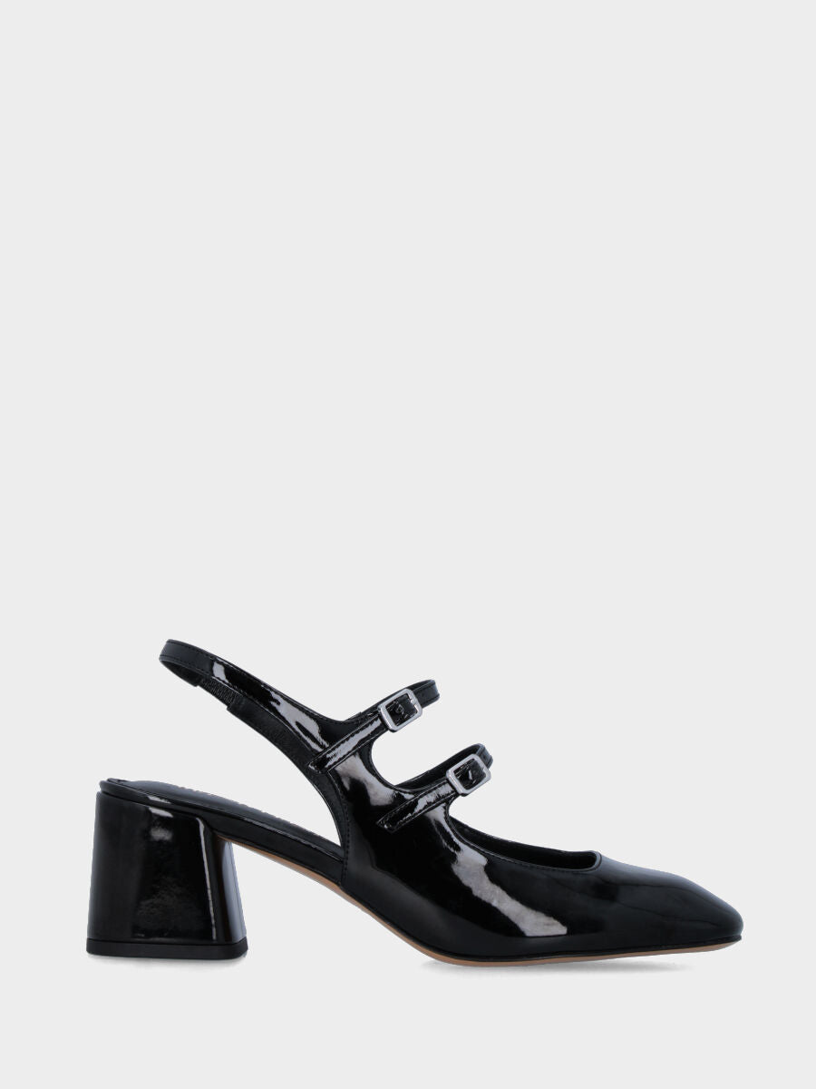 Schwarzer Slingback aus Lackleder mit quadratischer Spitze und zwei Riemen
