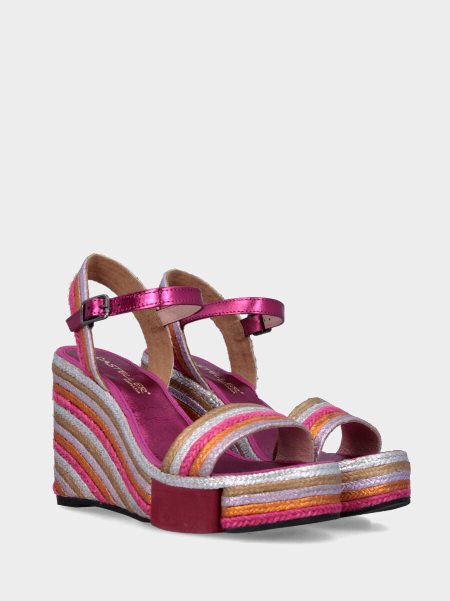 Sandalo fucsia multicolor in corda con zeppa