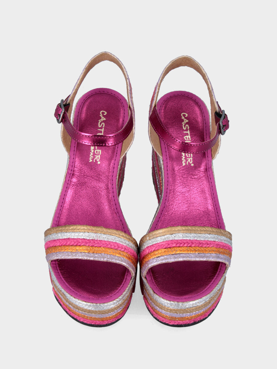 Sandalo fucsia multicolor in corda con zeppa
