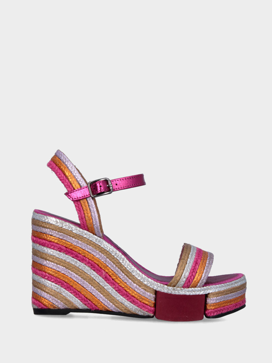 Sandalo fucsia multicolor in corda con zeppa