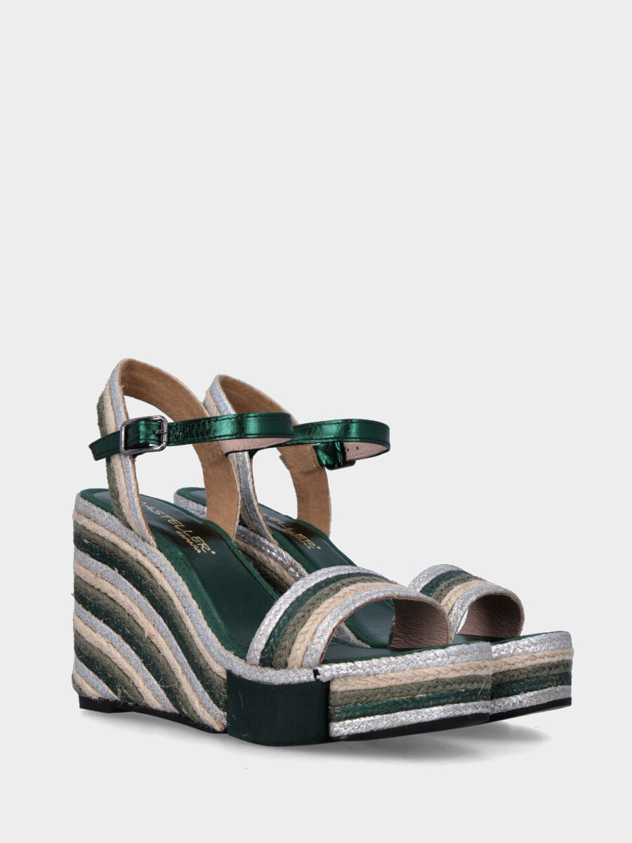 Sandalo verde multicolor in corda con zeppa
