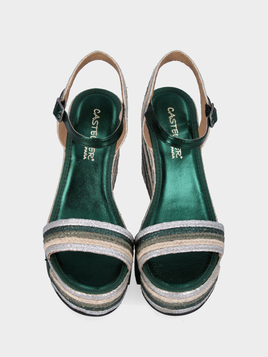 Sandalo verde multicolor in corda con zeppa