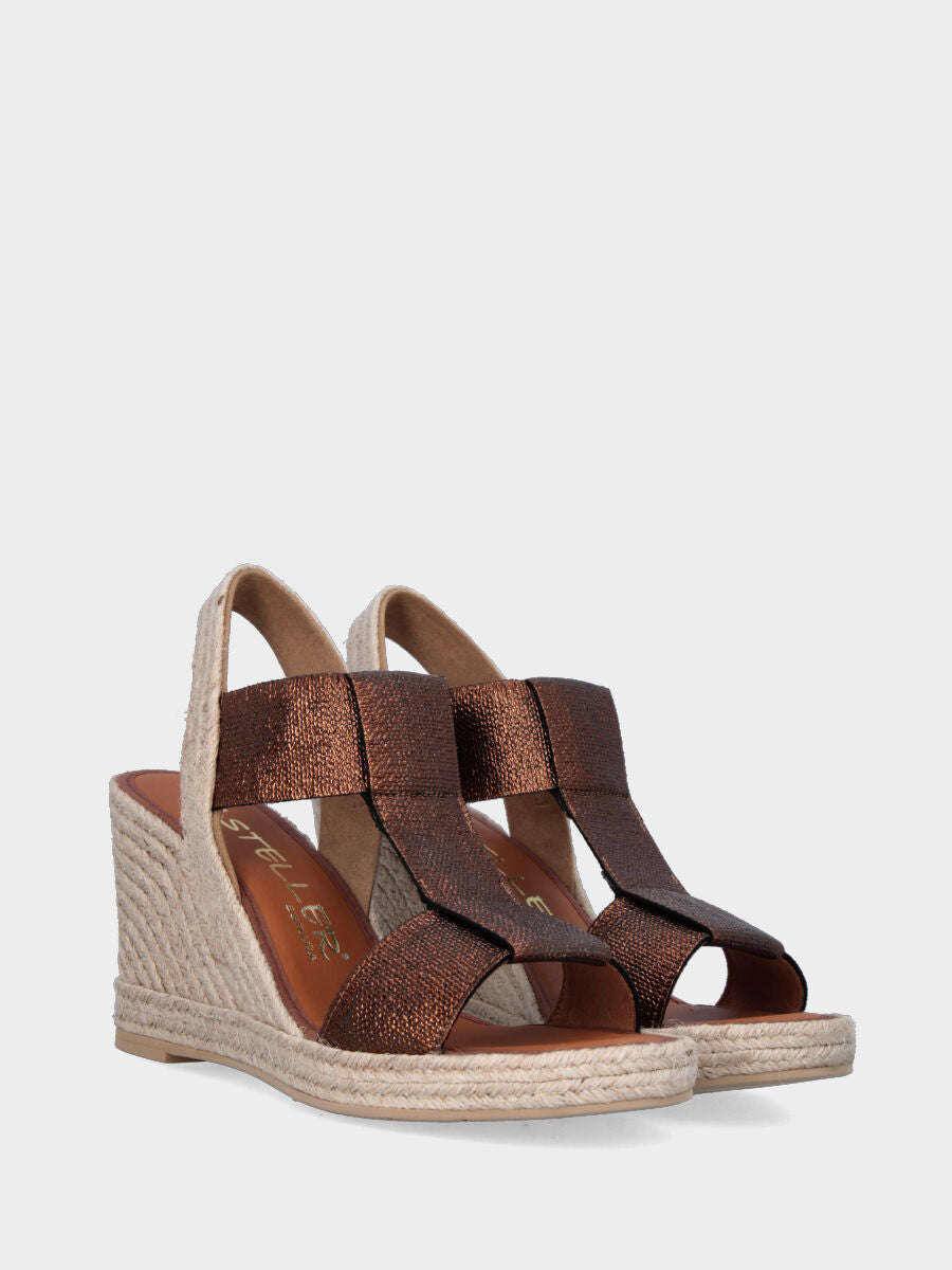 Sandalo bronzo in tessuto con zeppa in corda