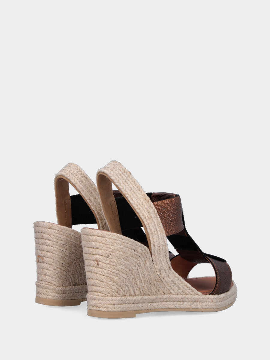 Sandalo bronzo in tessuto con zeppa in corda