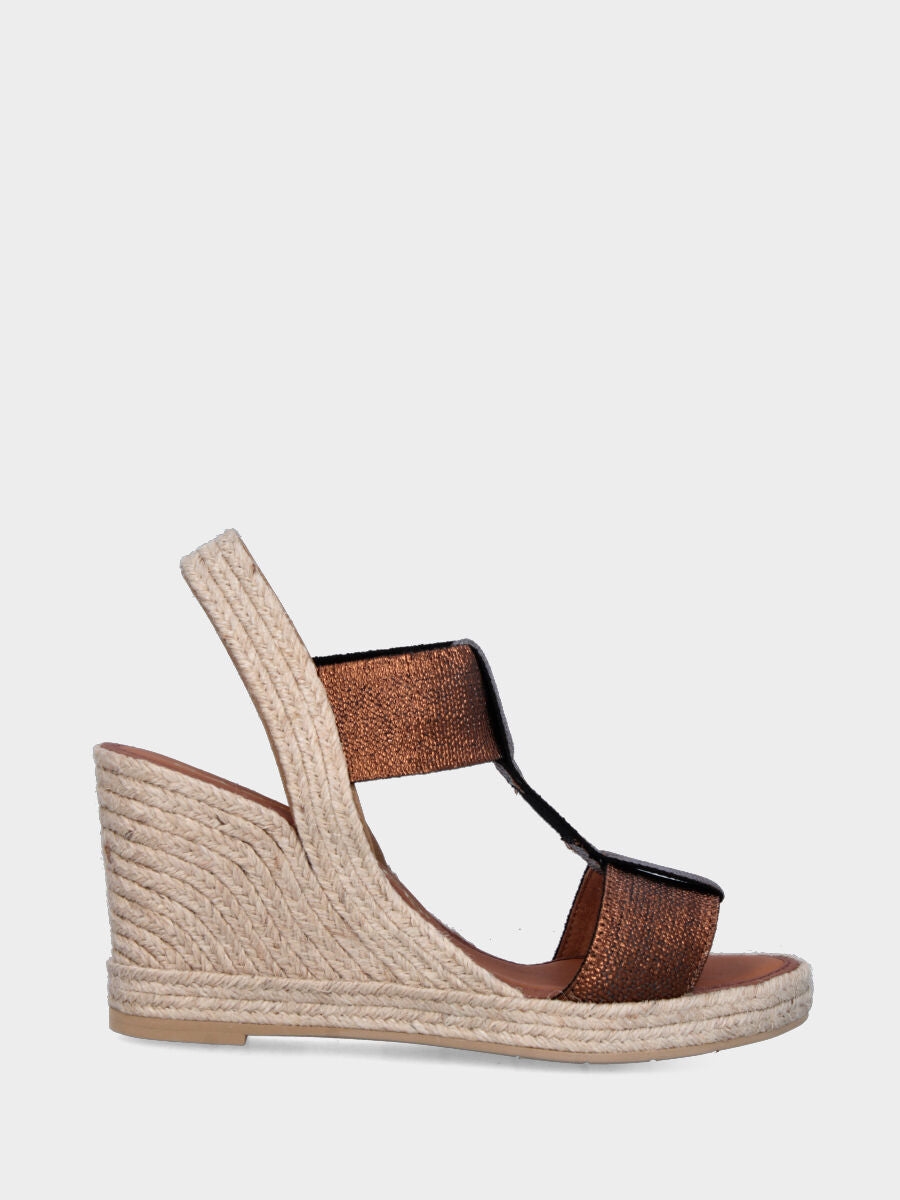 Sandalo bronzo in tessuto con zeppa in corda