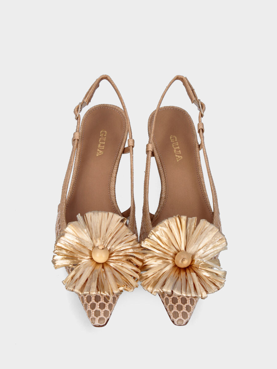 Slingback beige in rafia con tomaia a rete e fiore decorativo