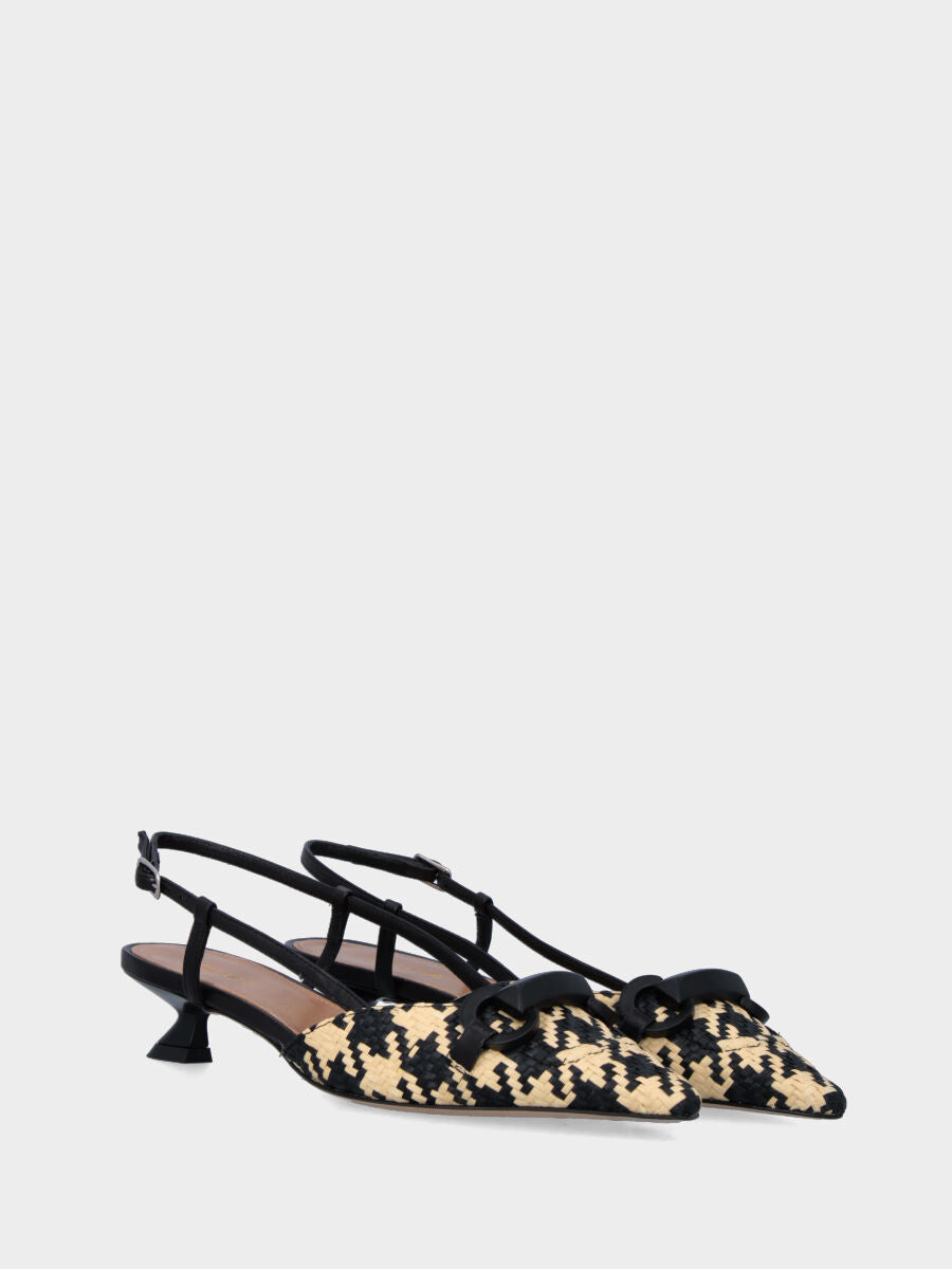 Slingback noire en raphia tressé imprimé pied-de-poule