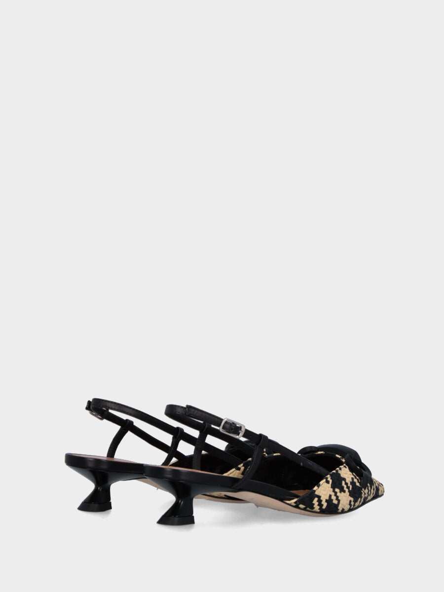 Slingback noire en raphia tressé imprimé pied-de-poule