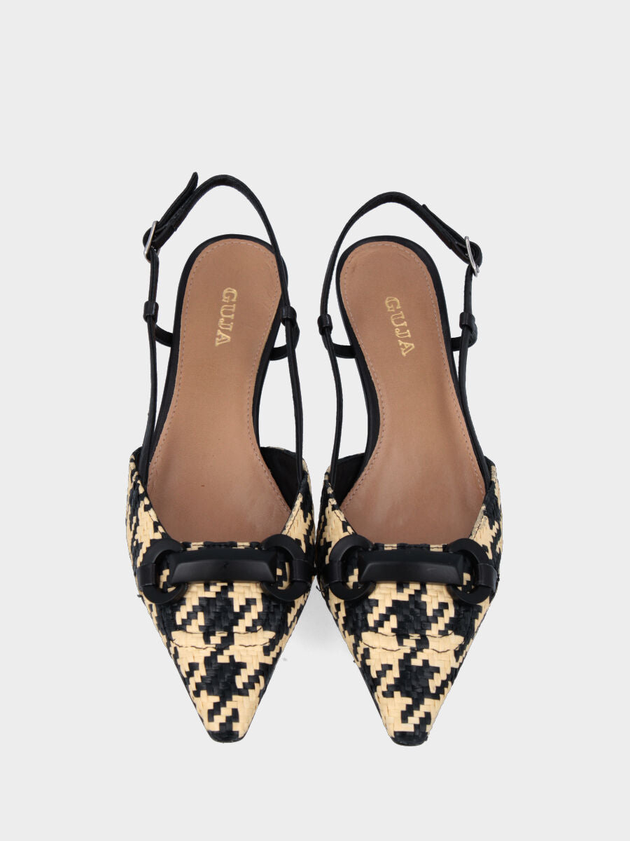 Slingback noire en raphia tressé imprimé pied-de-poule
