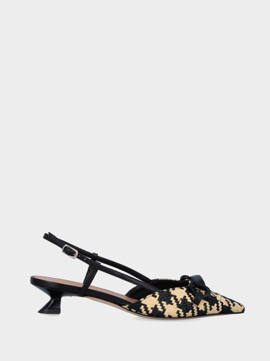 Slingback noire en raphia tressé imprimé pied-de-poule