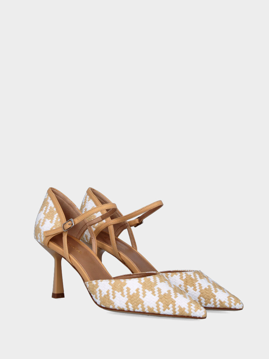 Beige Pumps aus geflochtener Raffia mit Hahnentrittmuster