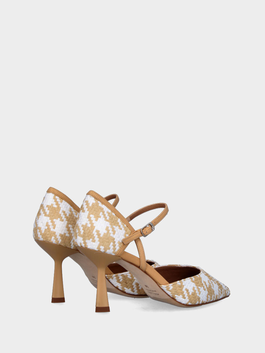 Beige Pumps aus geflochtener Raffia mit Hahnentrittmuster