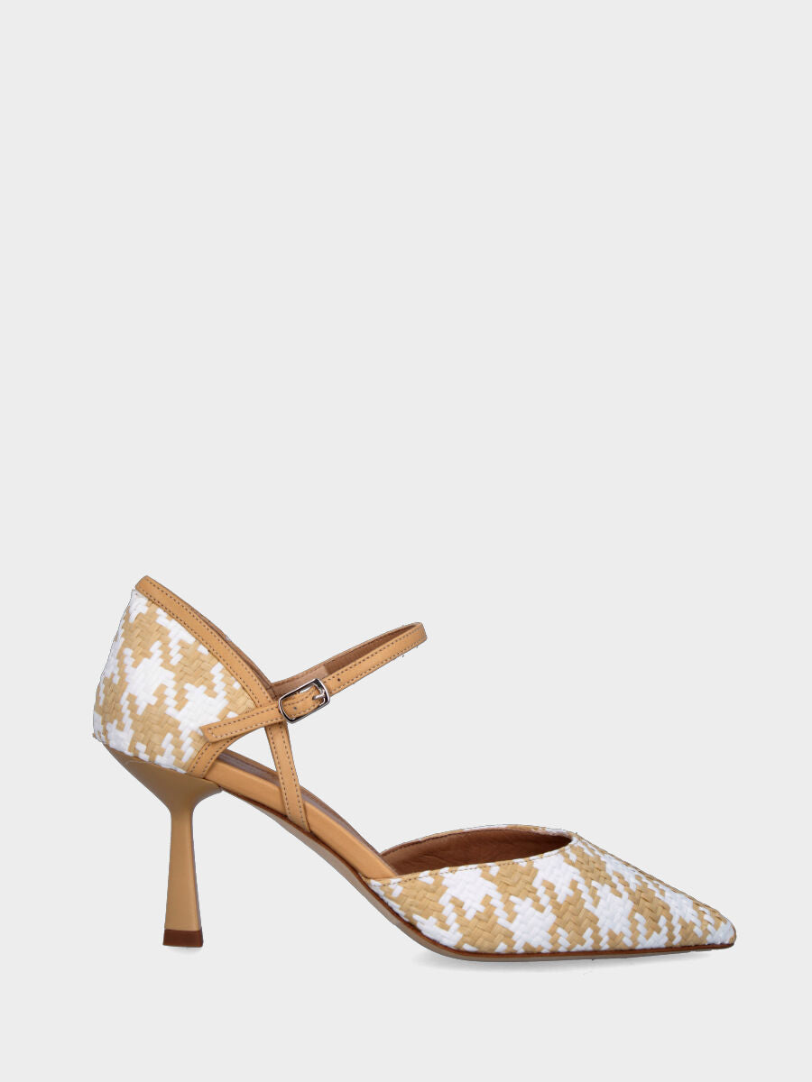 Beige Pumps aus geflochtener Raffia mit Hahnentrittmuster
