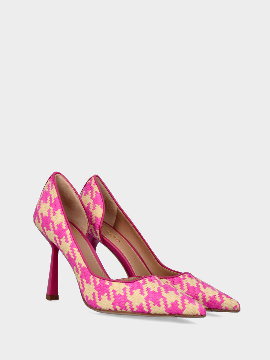 Décolleté fucsia in rafia intrecciata stampa pied de poule