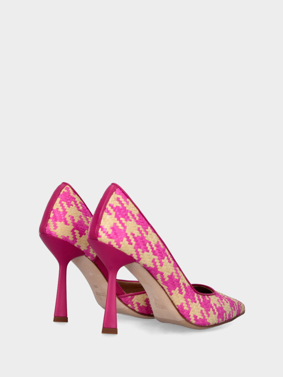 Décolleté fucsia in rafia intrecciata stampa pied de poule