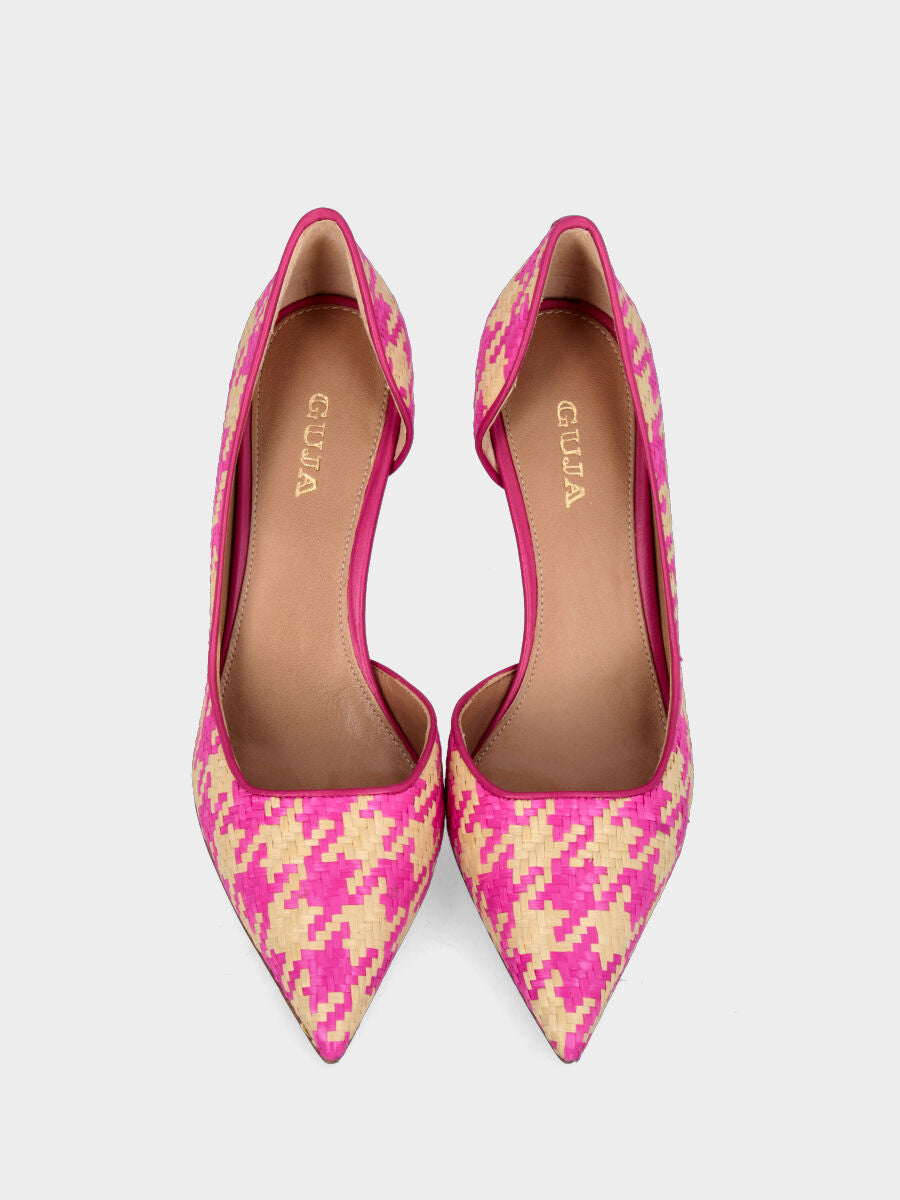 Décolleté fucsia in rafia intrecciata stampa pied de poule