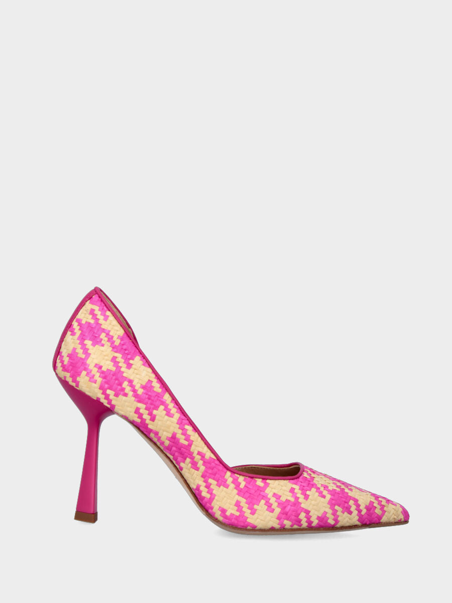 Décolleté fucsia in rafia intrecciata stampa pied de poule