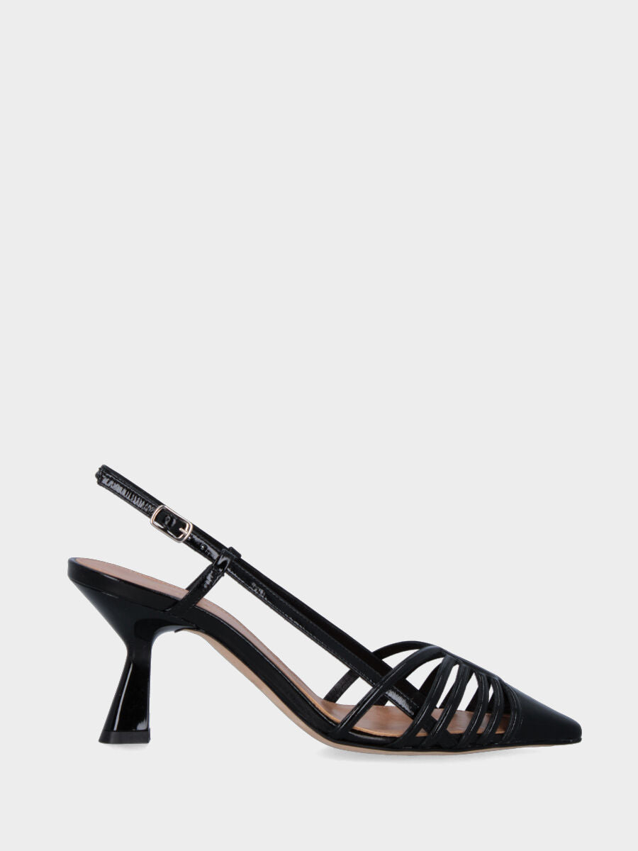 Escarpin slingback noir en vernis avec lanières en arc