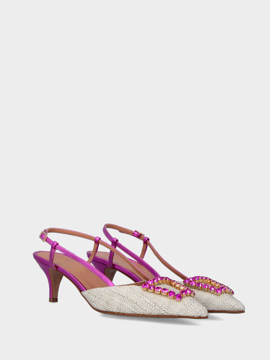 Fuchsia Slingback mit Obermaterial aus Stoff und Schmuckaccessoire