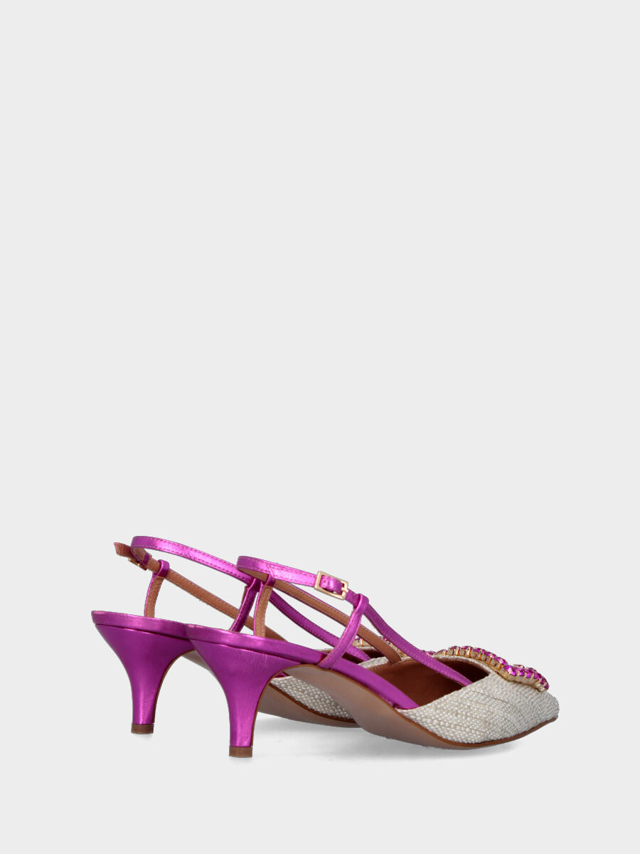 Fuchsia Slingback mit Obermaterial aus Stoff und Schmuckaccessoire